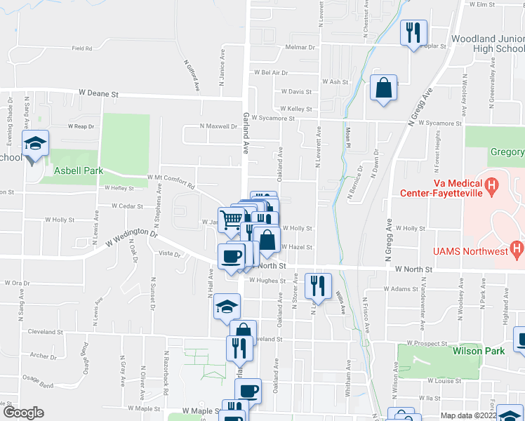 map of restaurants, bars, coffee shops, grocery stores, and more near 1022 West Holly Street in Fayetteville