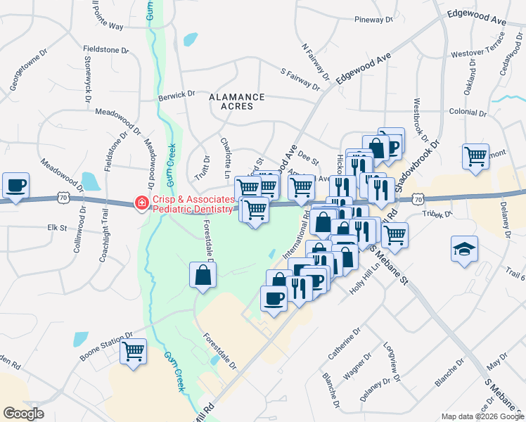 map of restaurants, bars, coffee shops, grocery stores, and more near 2948 South Church Street in Burlington