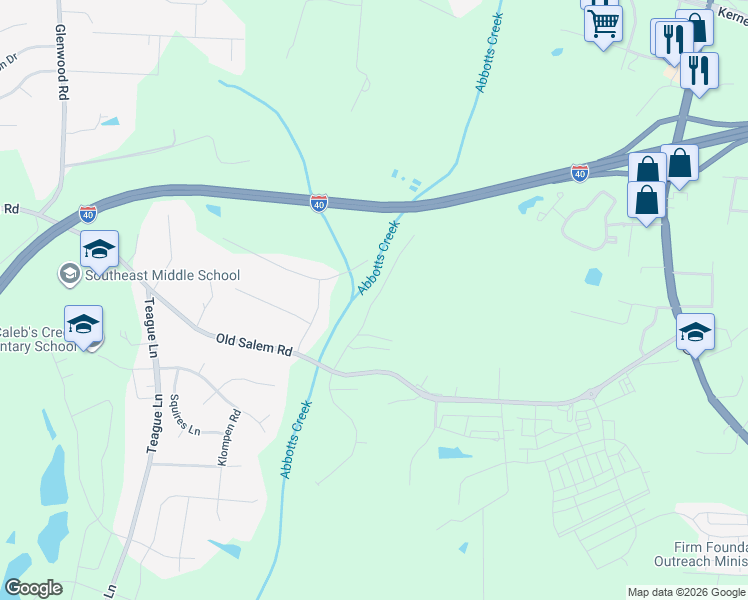 map of restaurants, bars, coffee shops, grocery stores, and more near Angus Ridge Drive in Kernersville