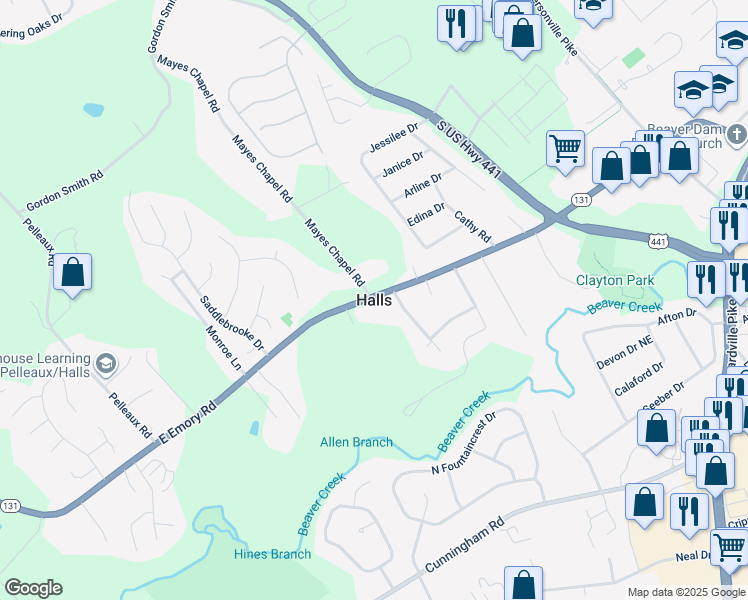 map of restaurants, bars, coffee shops, grocery stores, and more near 3504 East Emory Road in Knoxville