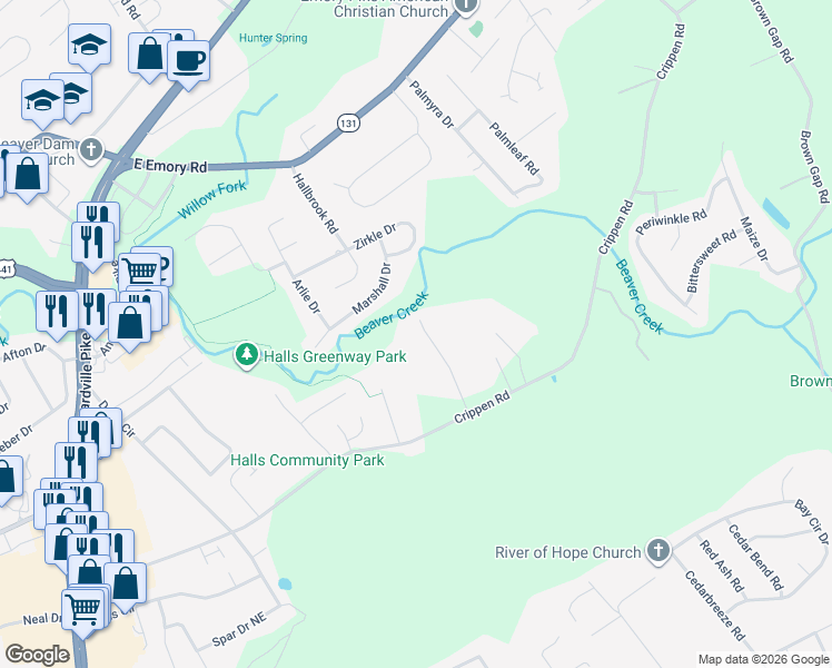 map of restaurants, bars, coffee shops, grocery stores, and more near 7086 Rival Lane in Knoxville