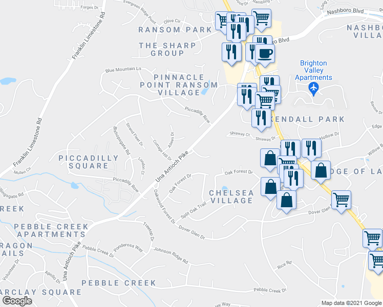 map of restaurants, bars, coffee shops, grocery stores, and more near 4901 Oak Barrel Drive in Nashville