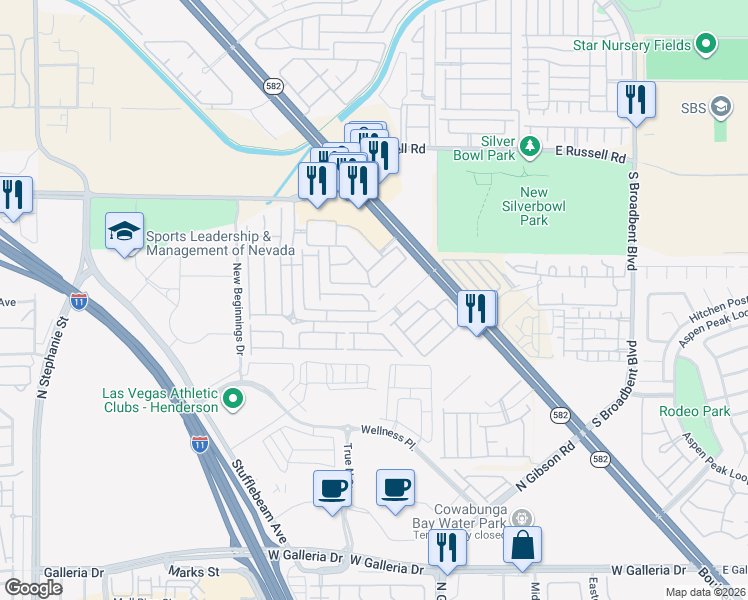 map of restaurants, bars, coffee shops, grocery stores, and more near 5990 Jagged Cut Street in Henderson
