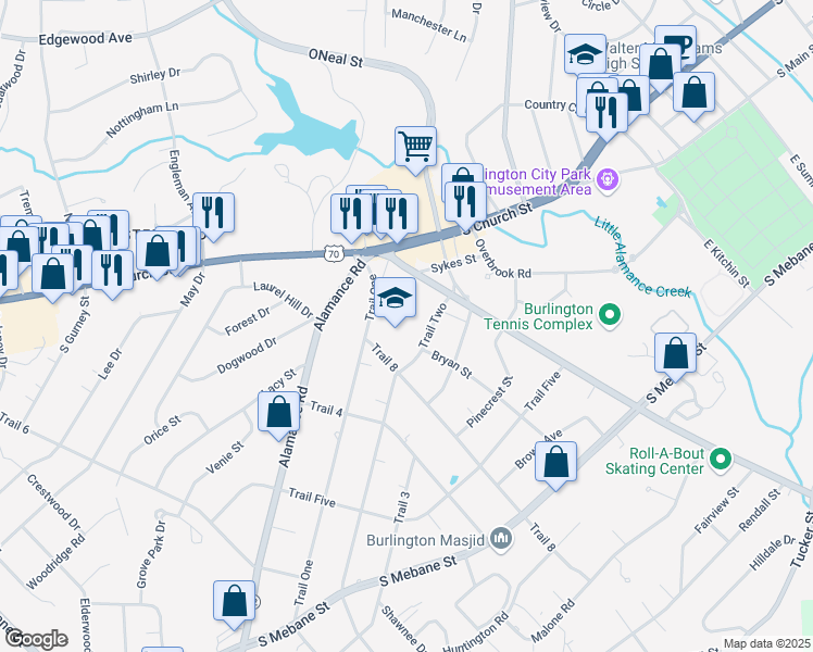 map of restaurants, bars, coffee shops, grocery stores, and more near Trail 1 in Burlington