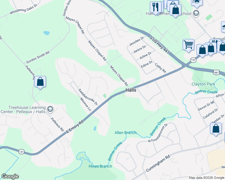 map of restaurants, bars, coffee shops, grocery stores, and more near 7415 Mayes Chapel Road in Knoxville