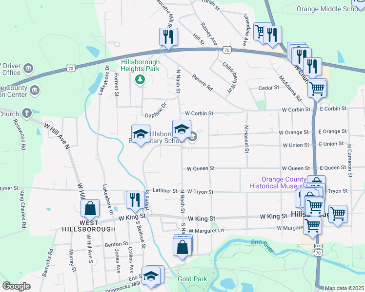 map of restaurants, bars, coffee shops, grocery stores, and more near 402 North Nash Street in Hillsborough