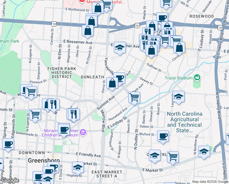 map of restaurants, bars, coffee shops, grocery stores, and more near 607 5th Avenue in Greensboro