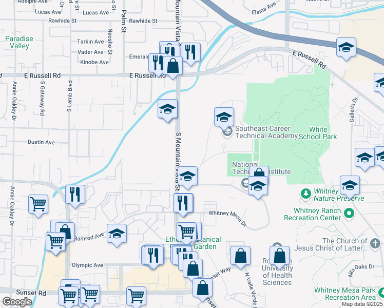 map of restaurants, bars, coffee shops, grocery stores, and more near 5970 South Mountain Vista Street in Henderson