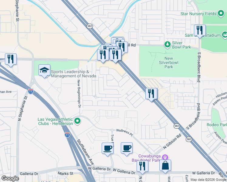 map of restaurants, bars, coffee shops, grocery stores, and more near 5880 Boulder Falls Street in Henderson