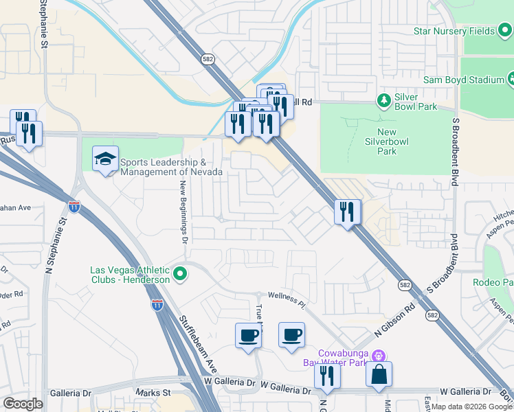 map of restaurants, bars, coffee shops, grocery stores, and more near 5956 High Steed Street in Henderson