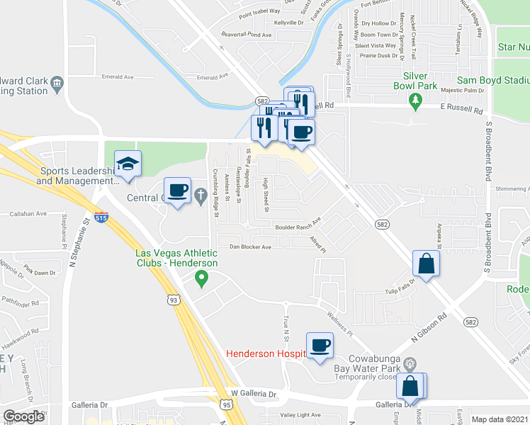 map of restaurants, bars, coffee shops, grocery stores, and more near 5956 High Steed Street in Henderson