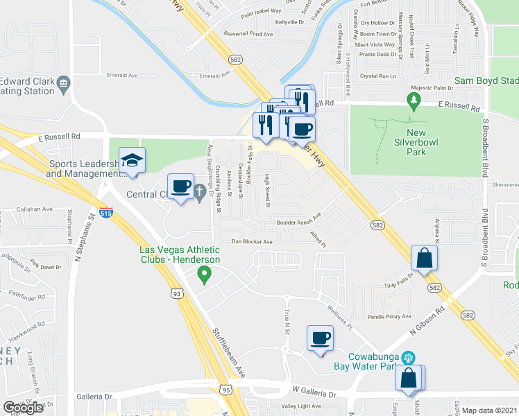 map of restaurants, bars, coffee shops, grocery stores, and more near 5951 Trickling Descent Street in Henderson