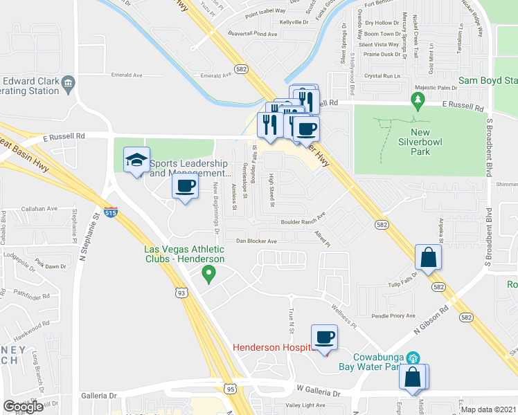 map of restaurants, bars, coffee shops, grocery stores, and more near 5951 Trickling Descent Street in Henderson