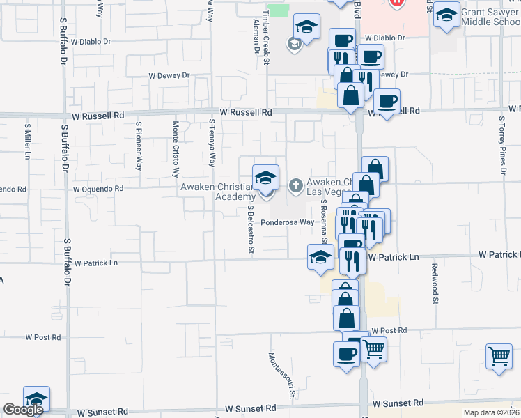 map of restaurants, bars, coffee shops, grocery stores, and more near 5925 Belcastro Street in Las Vegas
