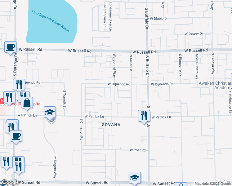 map of restaurants, bars, coffee shops, grocery stores, and more near 8020 West Oquendo Road in Las Vegas