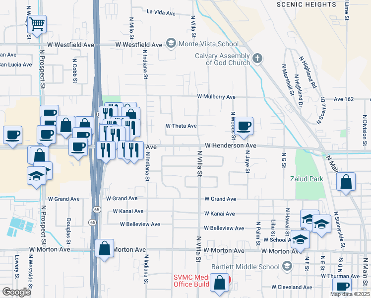 map of restaurants, bars, coffee shops, grocery stores, and more near 629 McComb Avenue in Porterville