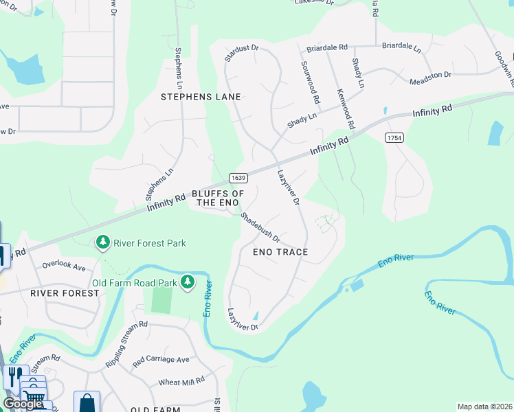 map of restaurants, bars, coffee shops, grocery stores, and more near 16 Pedestal Rock Lane in Durham