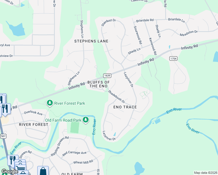 map of restaurants, bars, coffee shops, grocery stores, and more near 4519 Lazyriver Drive in Durham