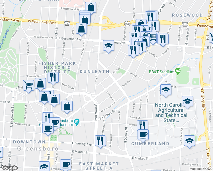 map of restaurants, bars, coffee shops, grocery stores, and more near 607 5th Avenue in Greensboro