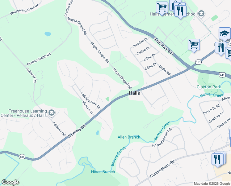 map of restaurants, bars, coffee shops, grocery stores, and more near 7415 Mayes Chapel Road in Knoxville