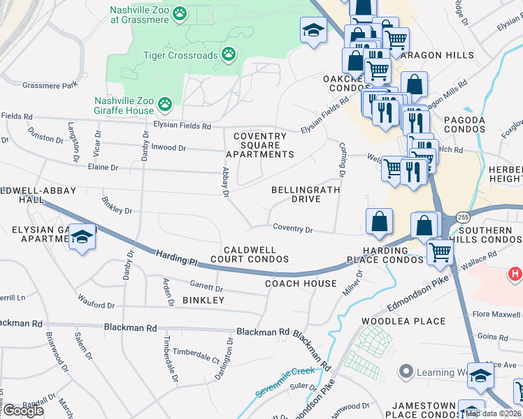 map of restaurants, bars, coffee shops, grocery stores, and more near 4878 Lynn Drive in Nashville