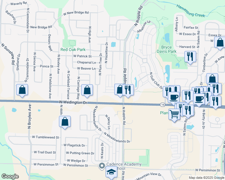 map of restaurants, bars, coffee shops, grocery stores, and more near 1285 North Corsica Drive in Fayetteville