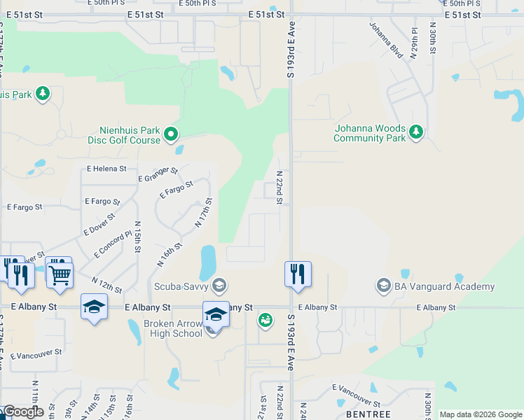 map of restaurants, bars, coffee shops, grocery stores, and more near 2300 East Fargo Street in Broken Arrow