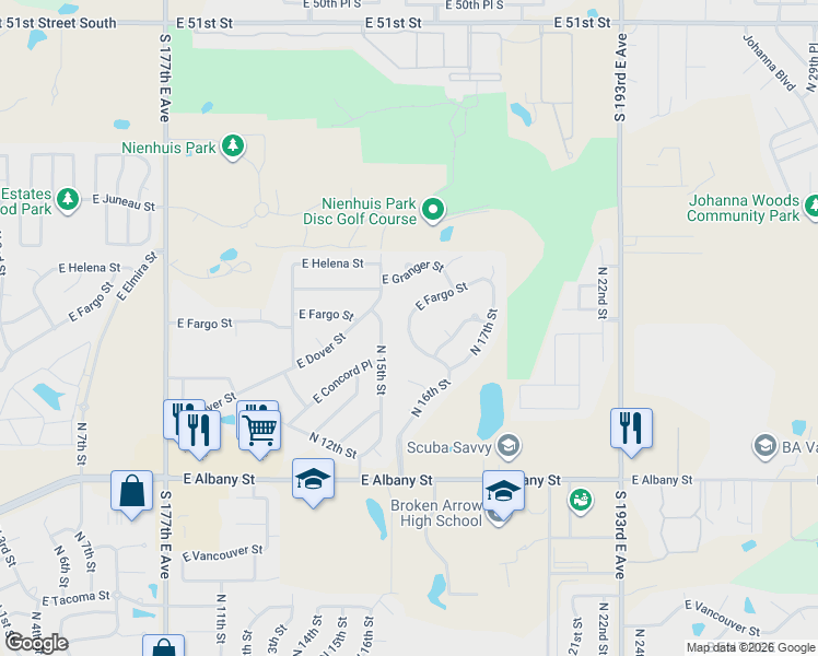 map of restaurants, bars, coffee shops, grocery stores, and more near 1608 East Fargo Street in Broken Arrow