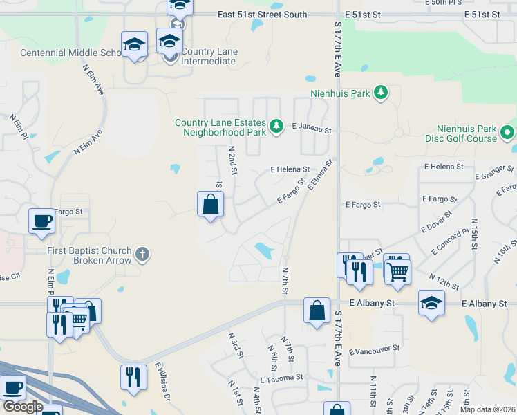 map of restaurants, bars, coffee shops, grocery stores, and more near 2909 North 4th Street in Broken Arrow