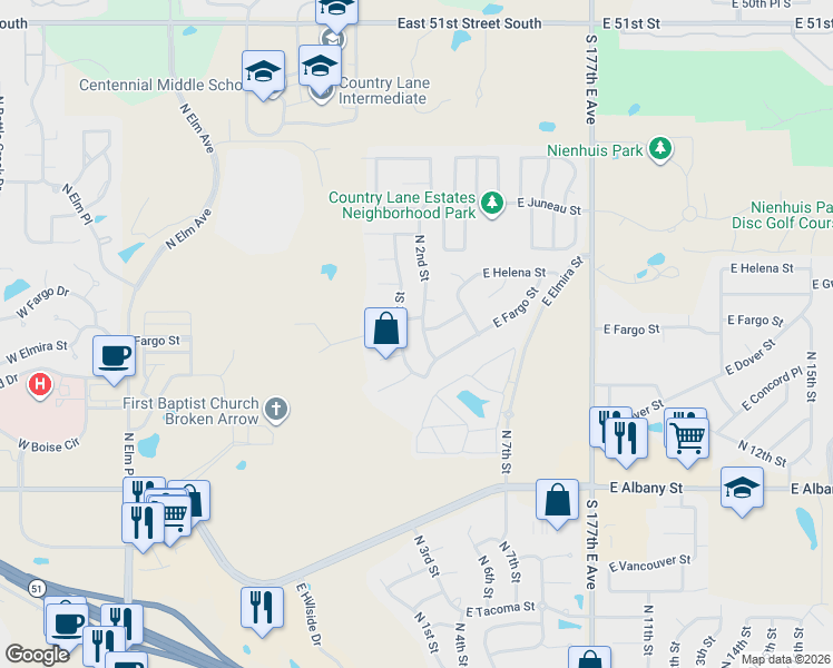map of restaurants, bars, coffee shops, grocery stores, and more near 3001 North 1st Street in Broken Arrow