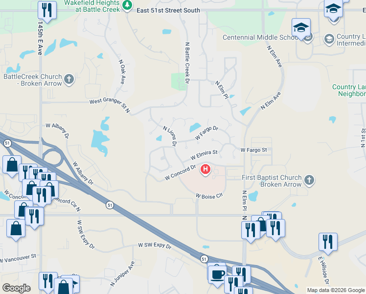 map of restaurants, bars, coffee shops, grocery stores, and more near 1124 West Fargo Drive in Broken Arrow