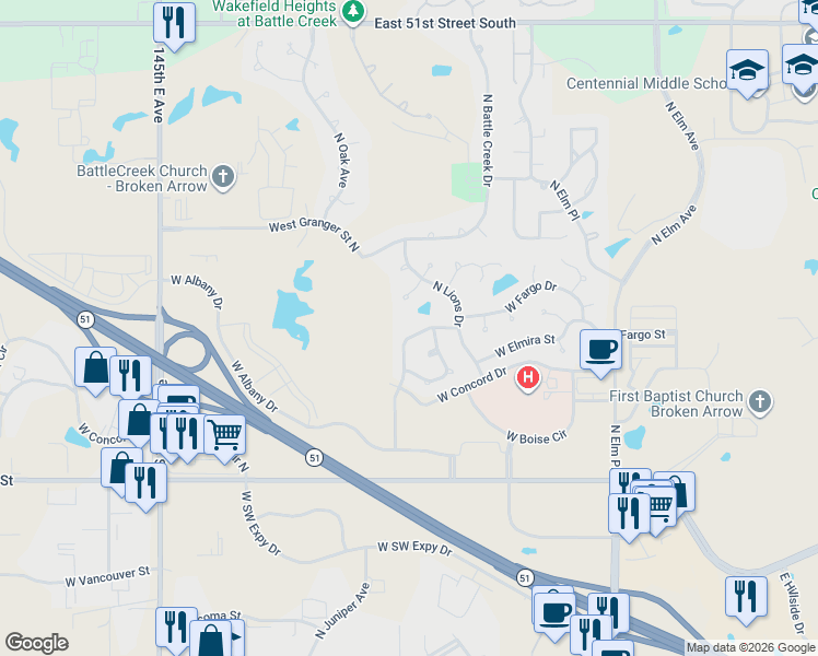 map of restaurants, bars, coffee shops, grocery stores, and more near 2913 North Juniper Court in Broken Arrow