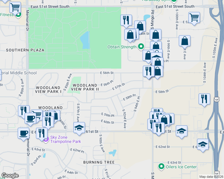map of restaurants, bars, coffee shops, grocery stores, and more near 8966 East 56th Place in Tulsa