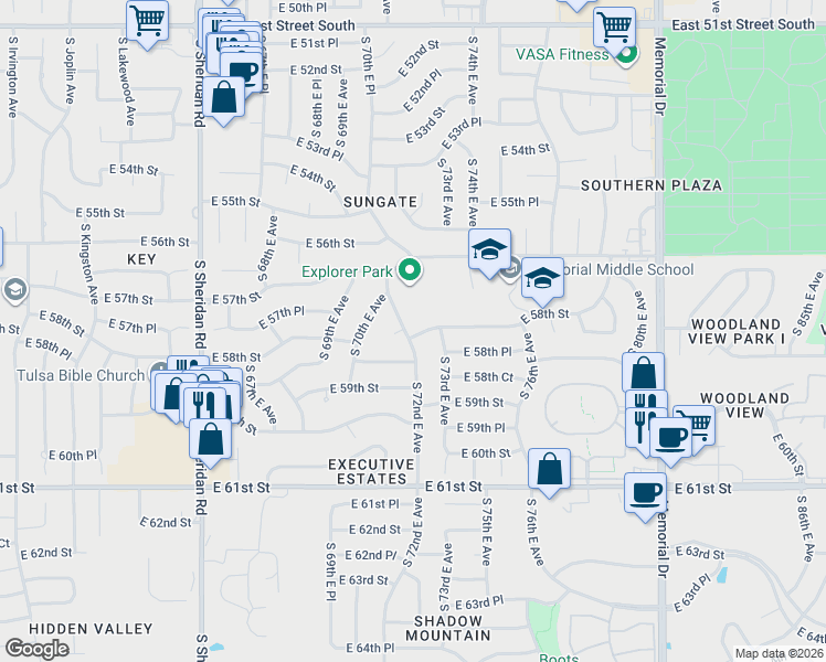 map of restaurants, bars, coffee shops, grocery stores, and more near 5739 South 72nd Avenue East in Tulsa