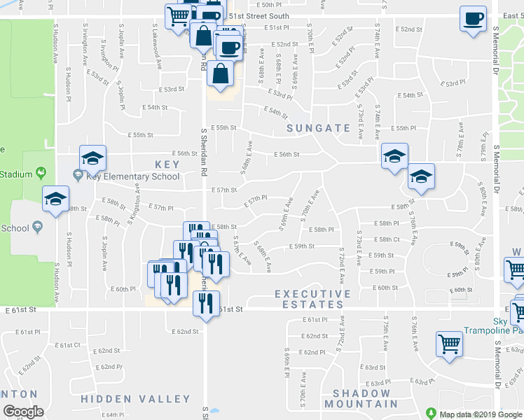 map of restaurants, bars, coffee shops, grocery stores, and more near 6821 East 57th Place in Tulsa