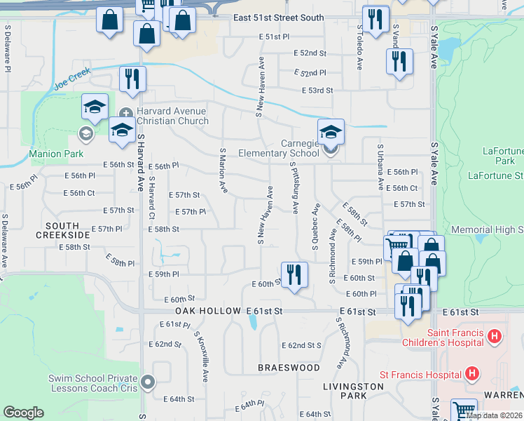 map of restaurants, bars, coffee shops, grocery stores, and more near 3841 East 57th Street in Tulsa