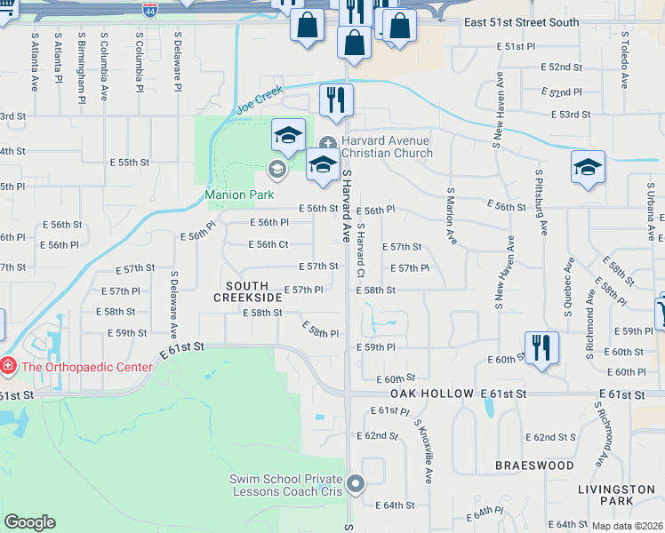 map of restaurants, bars, coffee shops, grocery stores, and more near 5651 South Gary Avenue in Tulsa