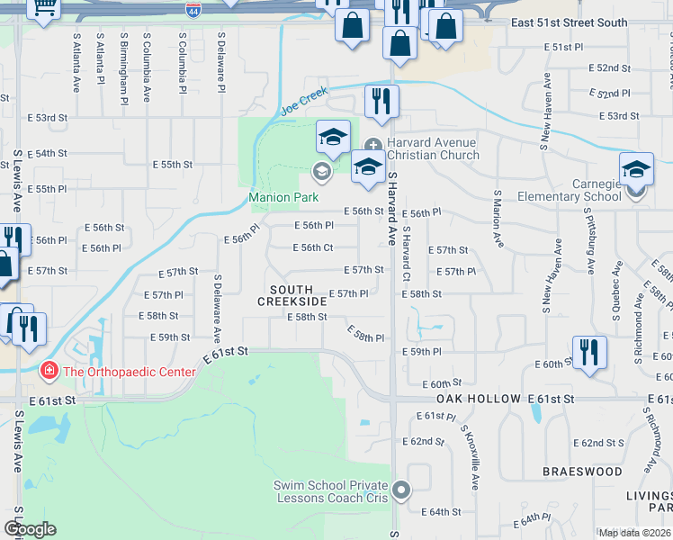 map of restaurants, bars, coffee shops, grocery stores, and more near 2970 East 56th Court in Tulsa