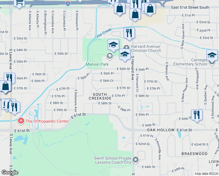 map of restaurants, bars, coffee shops, grocery stores, and more near 2970 East 56th Court in Tulsa