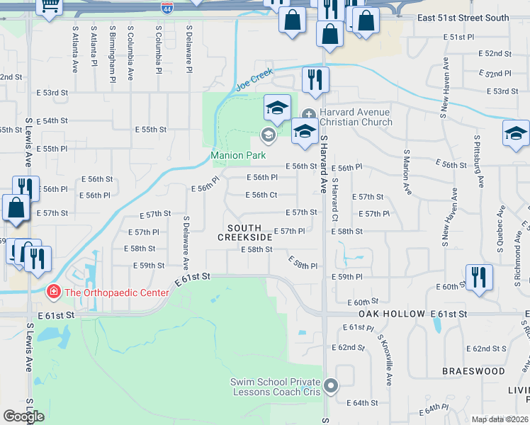 map of restaurants, bars, coffee shops, grocery stores, and more near 2970 East 56th Court in Tulsa
