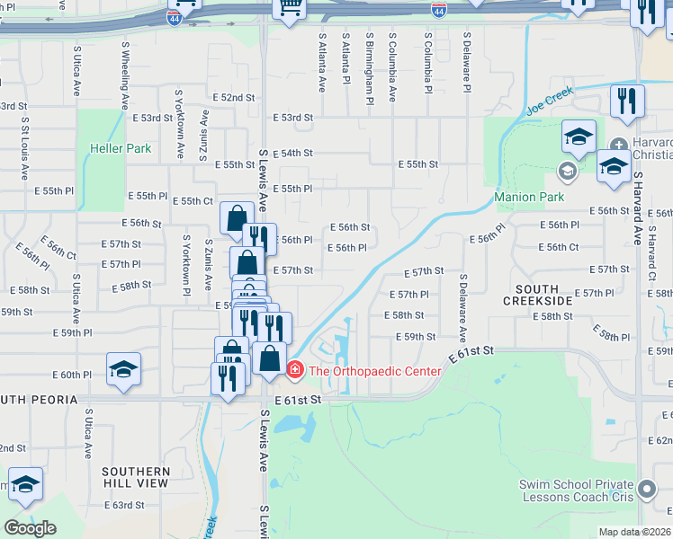 map of restaurants, bars, coffee shops, grocery stores, and more near 2506 East 56th Place in Tulsa