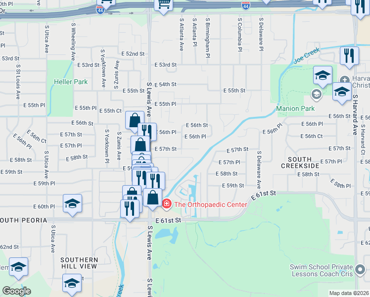 map of restaurants, bars, coffee shops, grocery stores, and more near 2506 East 56th Place in Tulsa