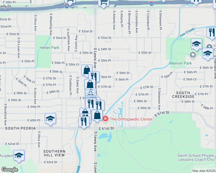 map of restaurants, bars, coffee shops, grocery stores, and more near 2434 East 56th Place in Tulsa