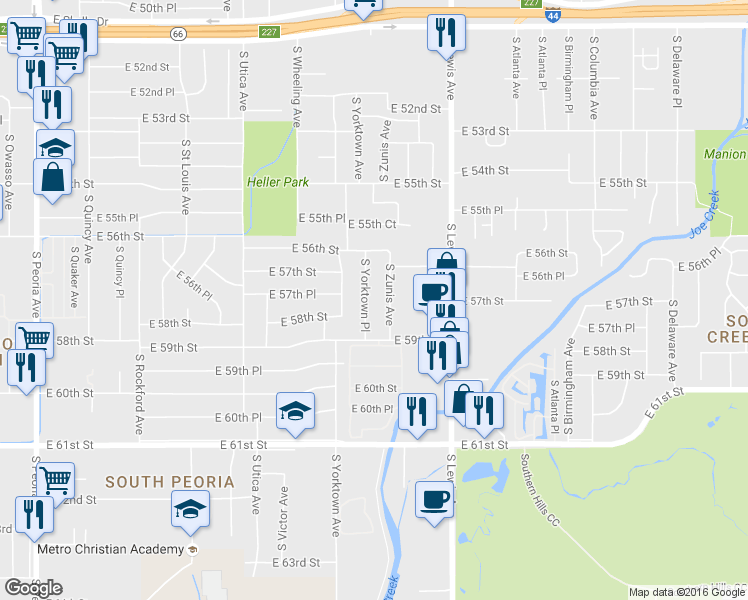 map of restaurants, bars, coffee shops, grocery stores, and more near 5628 South Zunis Avenue in Tulsa