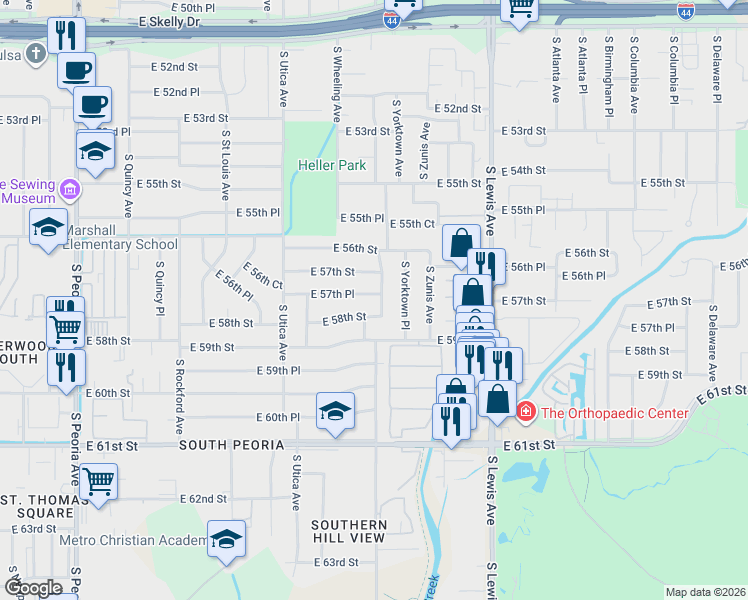 map of restaurants, bars, coffee shops, grocery stores, and more near 5709 South Yorktown Avenue in Tulsa
