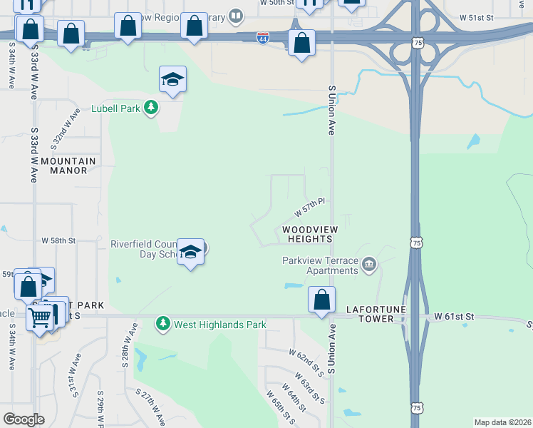 map of restaurants, bars, coffee shops, grocery stores, and more near 5643 South Xenophon Avenue in Tulsa