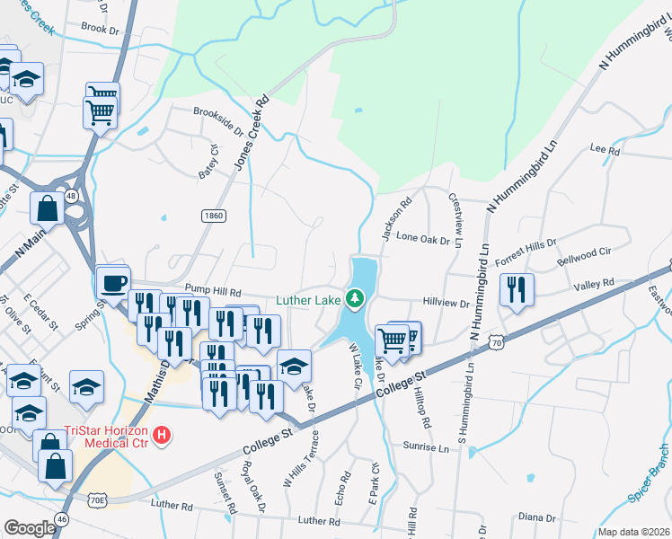 map of restaurants, bars, coffee shops, grocery stores, and more near Lakewood Drive in Dickson