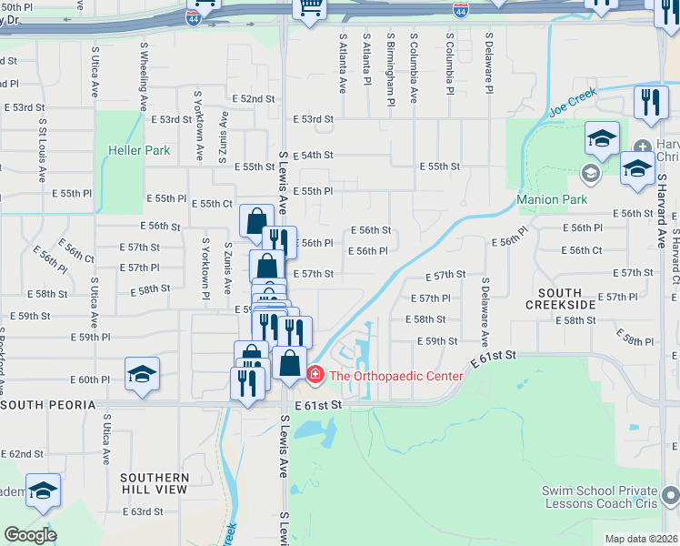 map of restaurants, bars, coffee shops, grocery stores, and more near 9400 Atlanta in Tulsa