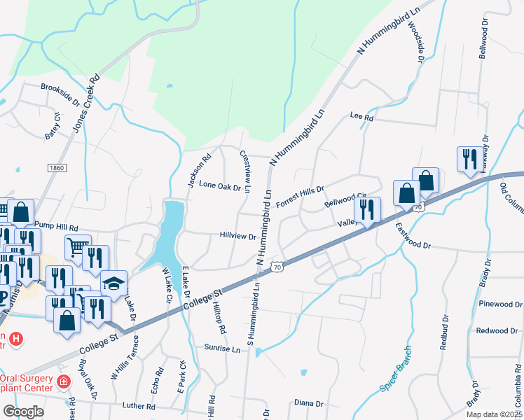 map of restaurants, bars, coffee shops, grocery stores, and more near 301 North Hummingbird Lane in Dickson