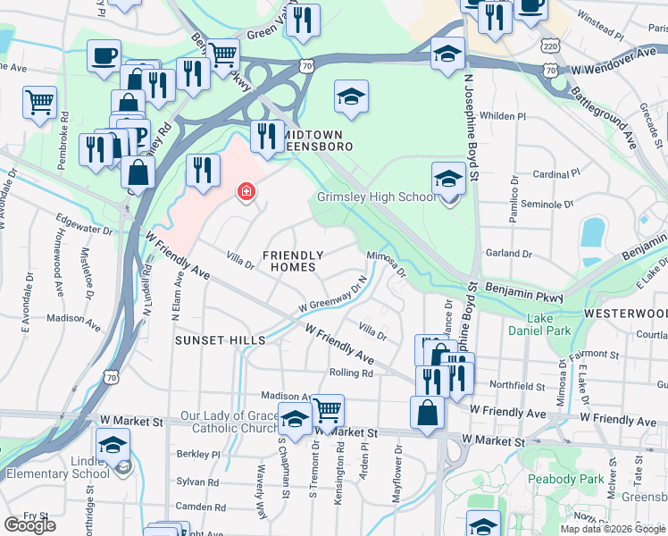 map of restaurants, bars, coffee shops, grocery stores, and more near 612 Catalina Drive in Greensboro